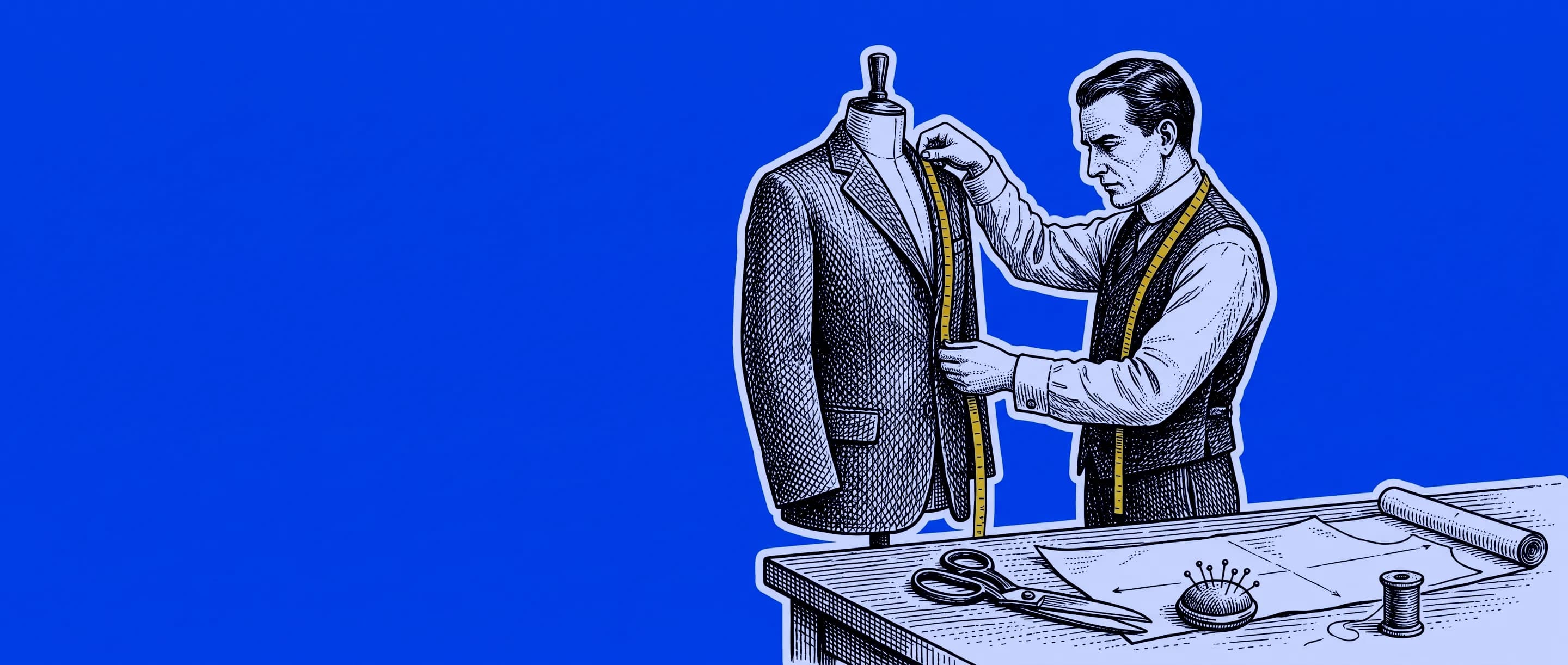 Un sastre tomando medidas con una cinta métrica sobre un saco puesto en un maniquí, con tijeras, alfileres y un patrón sobre la mesa