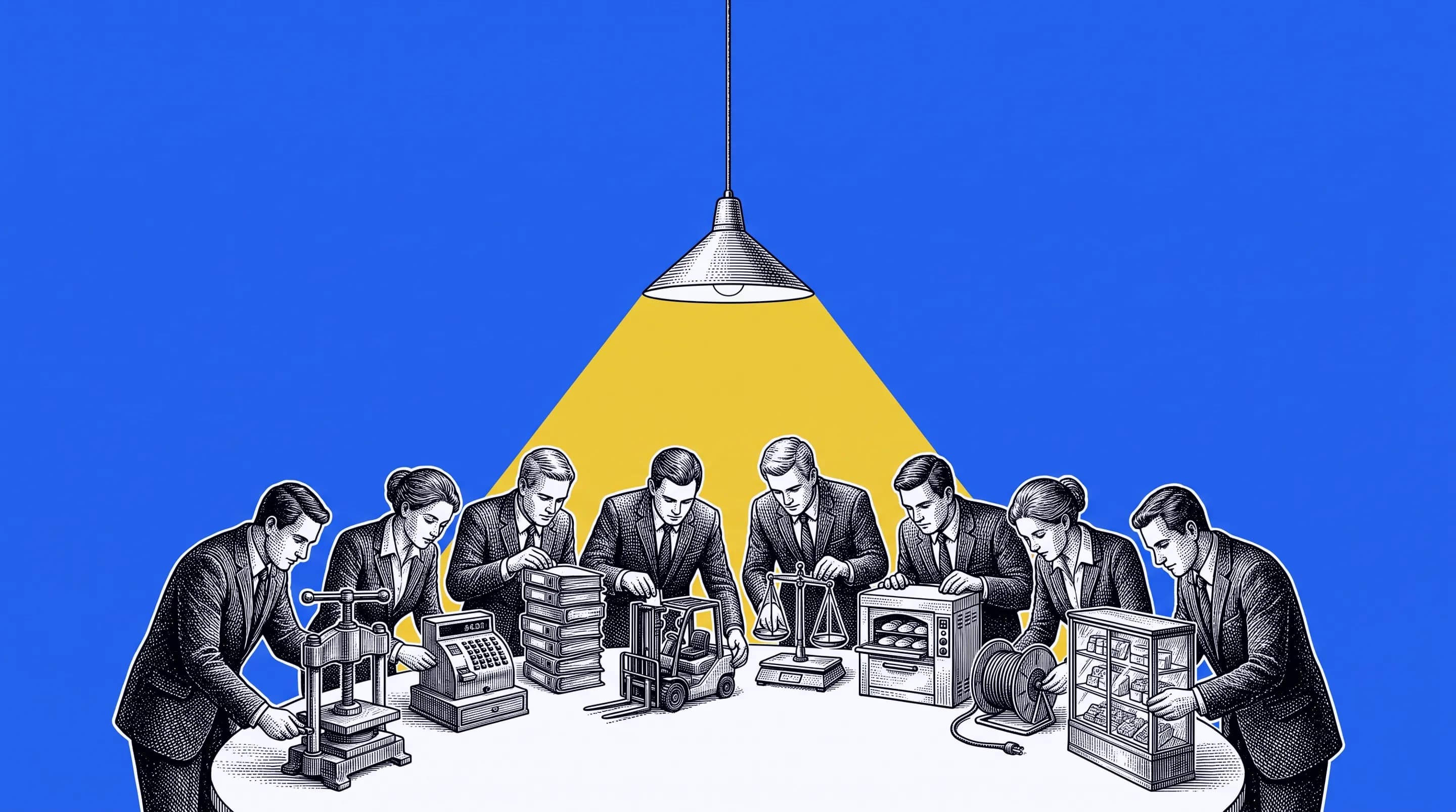 Eight business owners around a round table, each working on a miniature piece of their own business: a press, a cash register, a tower of files, a forklift, a scale, an oven, a cable reel and a display case