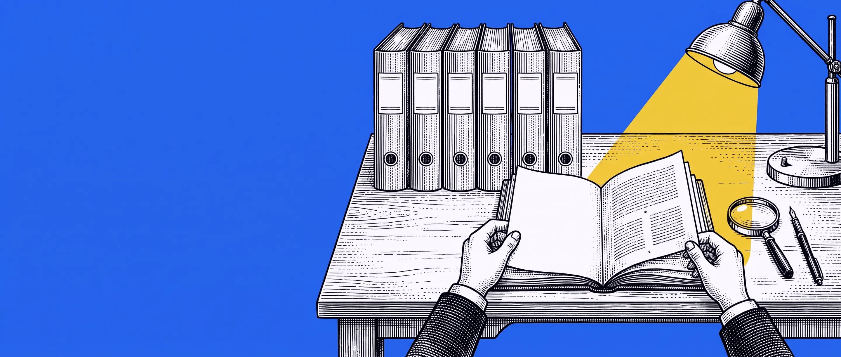 Un escritorio con una fila de expedientes y unas manos abriendo uno de ellos para revisarlo bajo la luz de una lámpara