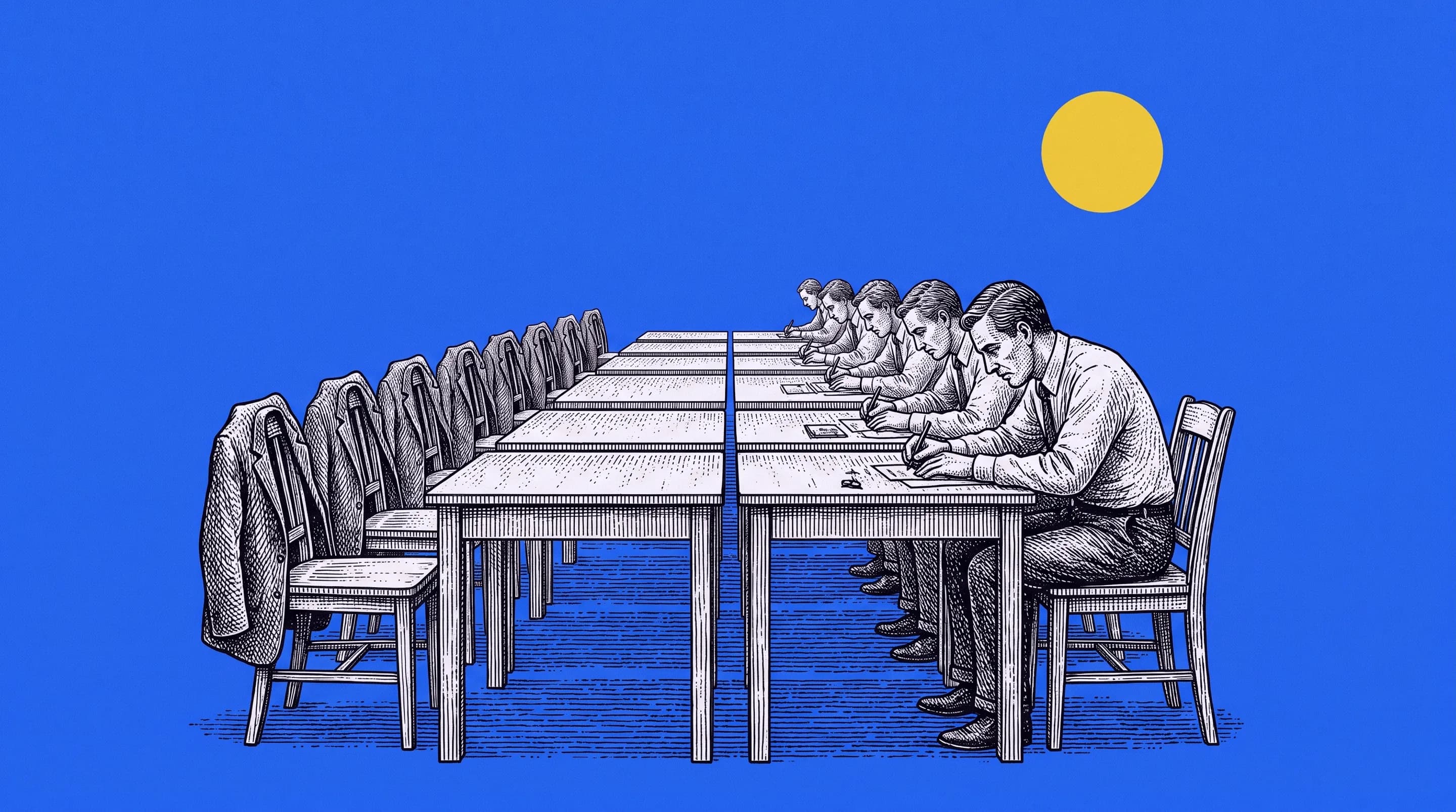 A long work table: half the chairs are empty with jackets still hanging on them, and at the other half people are still working