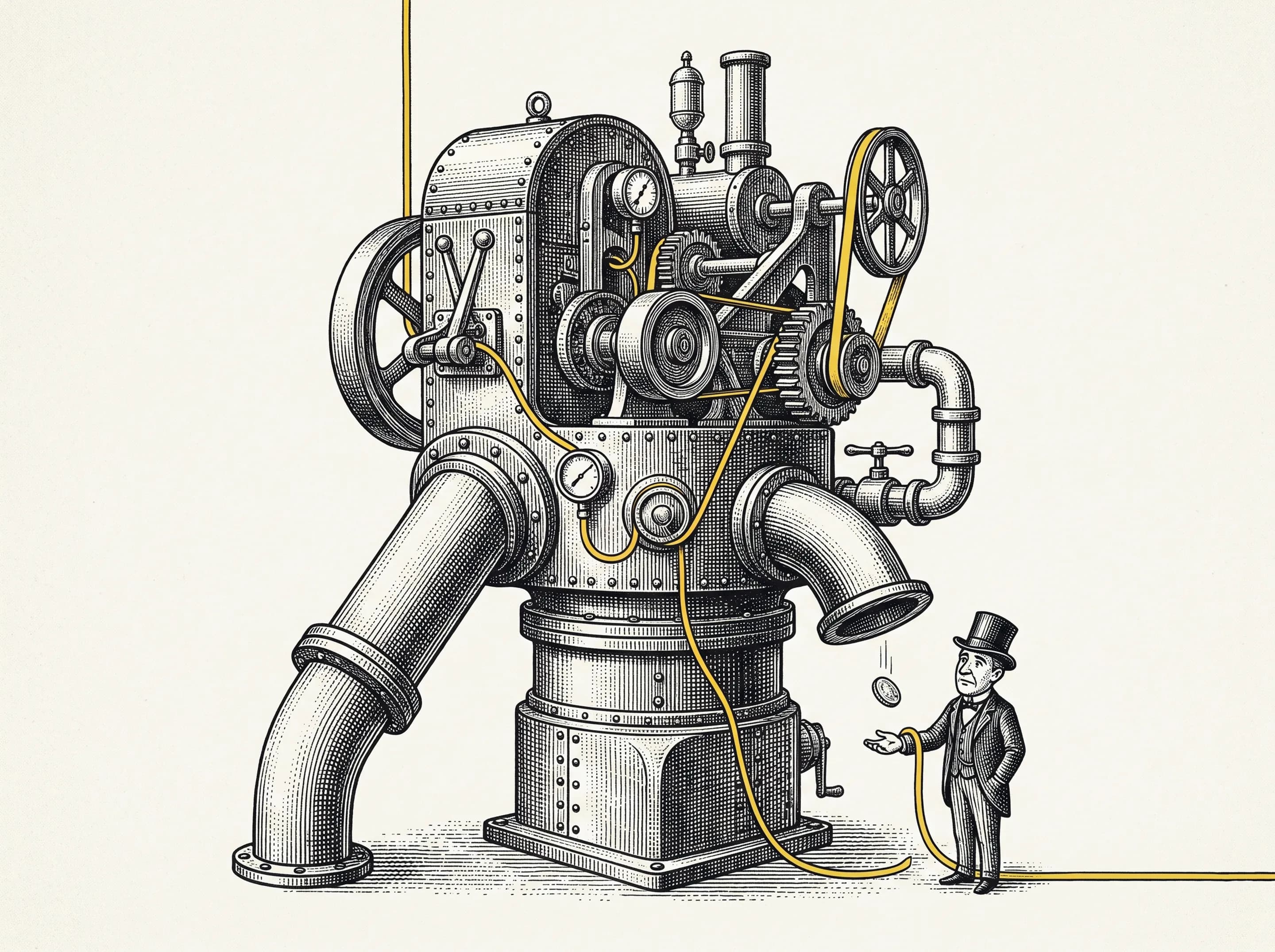 An enormous industrial machine covered in levers, dropping a single coin, while a small man waits with his hand out