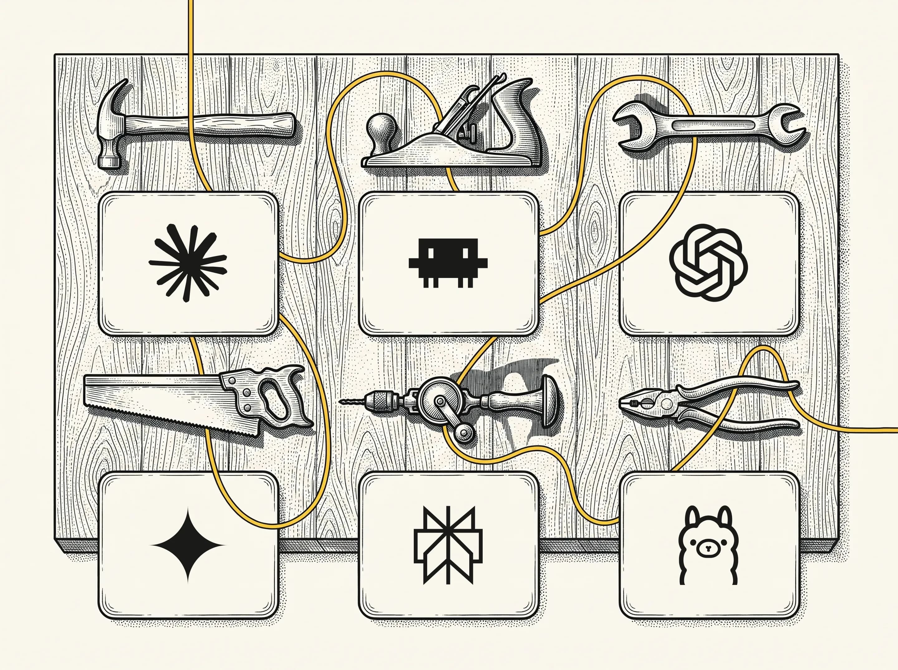 A workshop pegboard with six tools hanging on it, each above a plate bearing the logo of Claude, Claude Code, ChatGPT, Gemini, Perplexity and Ollama